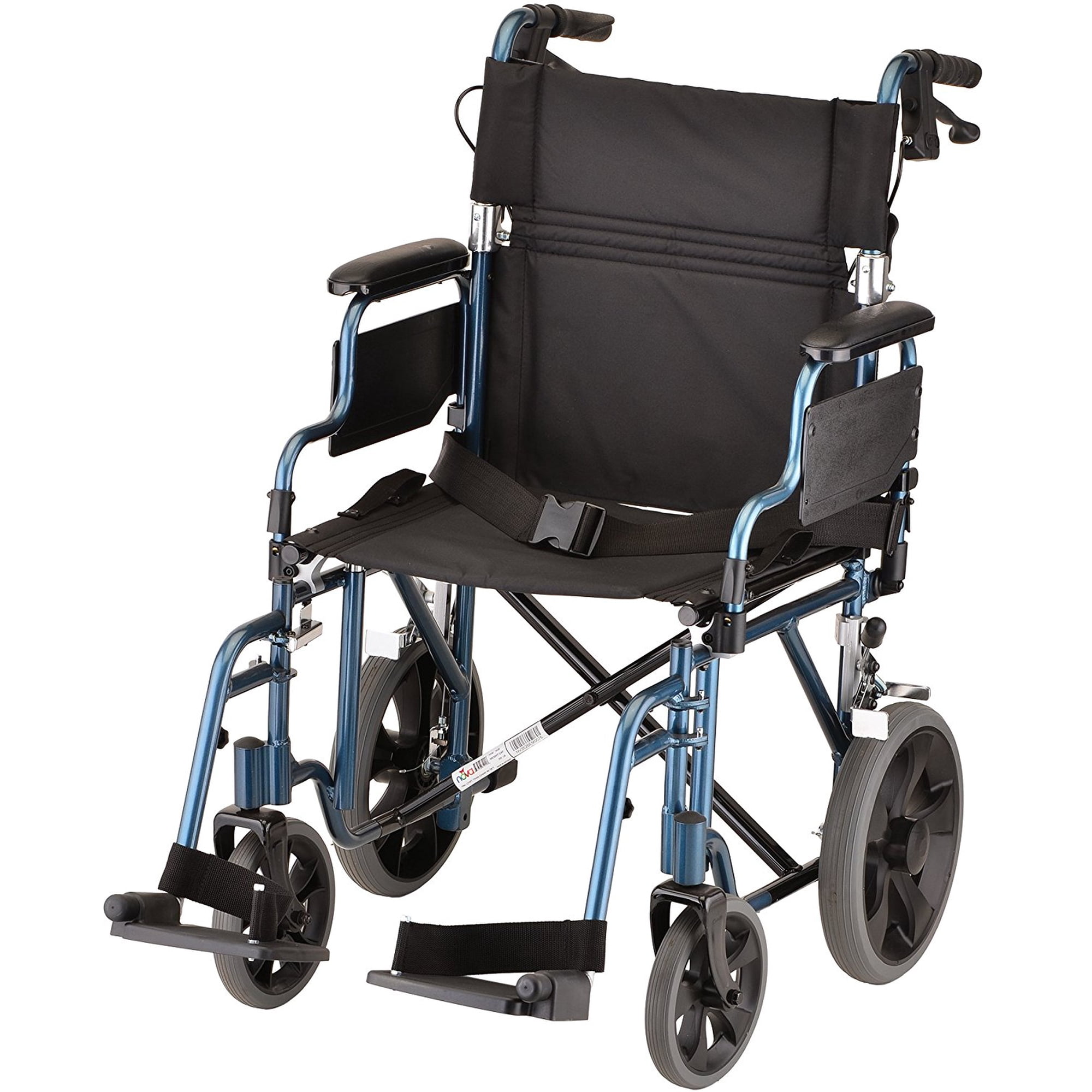NOVA Lightweight Transport Chair with Locking Hand Brakes, 12 Rear Wheels, Removable & Flip Up Arms for Easy Transfer, Anti-Tippers Included, Blue