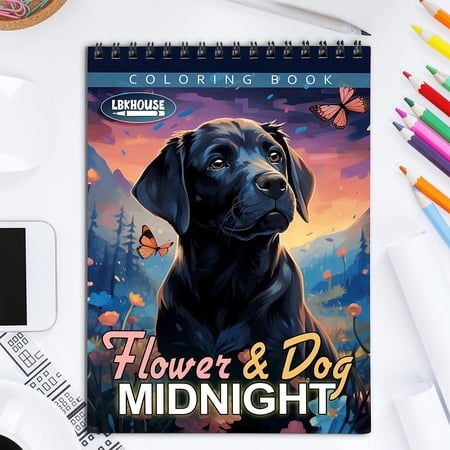 LBKHOUSE Midnight Dog and Flower Coloring Book for Adult Spiral Bound Soft Cover
