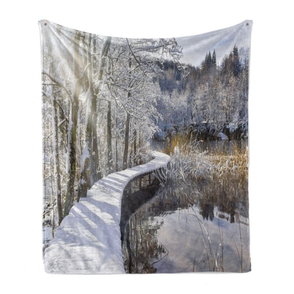 Winter Soft Flannel Fleece Throw Blanket, Real Image of a Snow Covered Boardwalk in Forest with Lake Reflections, Cozy Plush for Indoor and Outdoor Use, 50" x 70", Multicolor, by Ambesonne