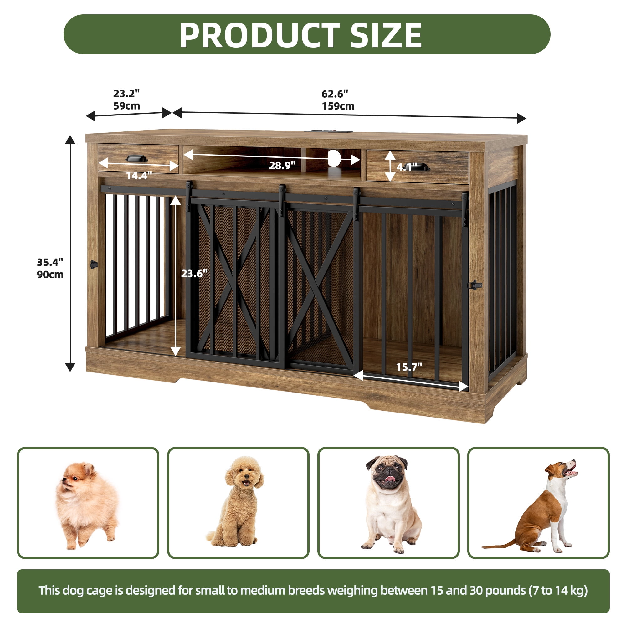 Uforic 63" Dog Crate Furniture with 2 Drawers,TV Stand with Charging Station 63" Large Wooden Indoor Dog Kennel - Brown