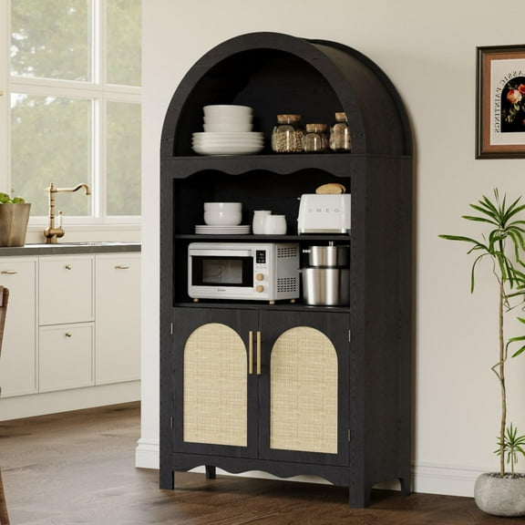 63" Arched Kitchen Pantry Cabinet, Arched Cabinet with Rattan Doors & Adjustable Shelves, Versatile Cupboard Arch Cabinets for Kitchen Storage, Dinning Room, Living Room, Entryway, Black