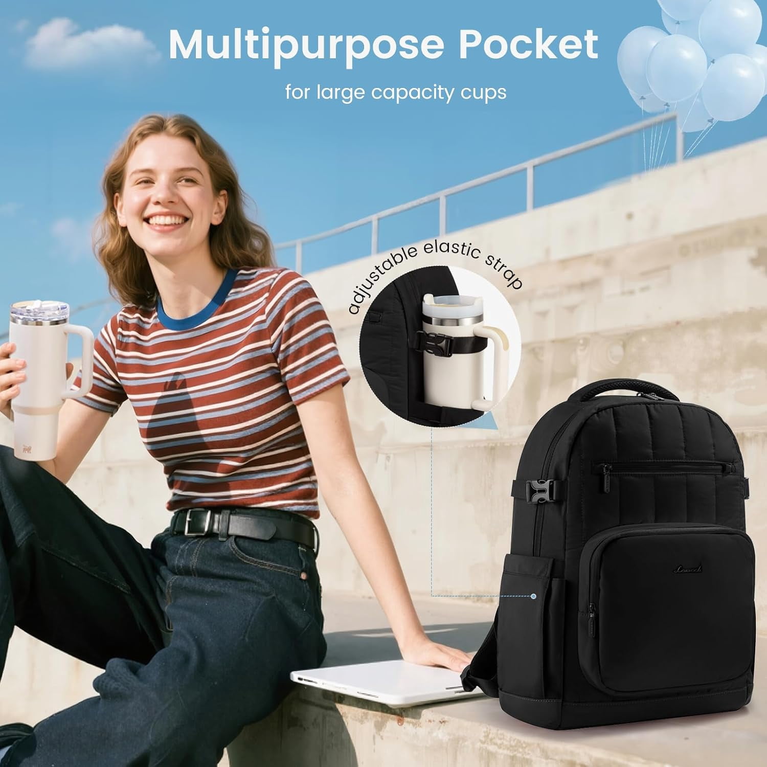 LOVEVOOK Laptop Backpack for Women with Pouch Pocket for Large Capacity Cup,15.6 Inch Lightweight Puffer Computer Laptop Bag Quilted Travel Backpack Purse for Work College Teacher Personal Item,Black