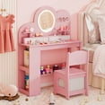 thumbnail image 4 of Costway Kids Vanity with Lights, 2 Drawers & 2-Tier Bookshelf, 3 Hooks & 2 Open Shelves Pink, 4 of 10