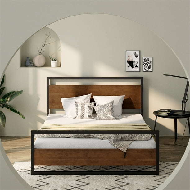 Suzanne metal and wood platform bed frame with footboard deals