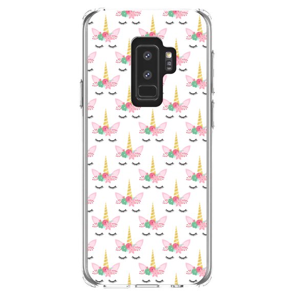 DistinctInk Clear Shockproof Hybrid Case for Samsung Galaxy S9  PLUS (6.2" Screen) - TPU Bumper, Acrylic Back, Tempered Glass Screen Protector - Pastel Unicorn Pattern - White Pink Black