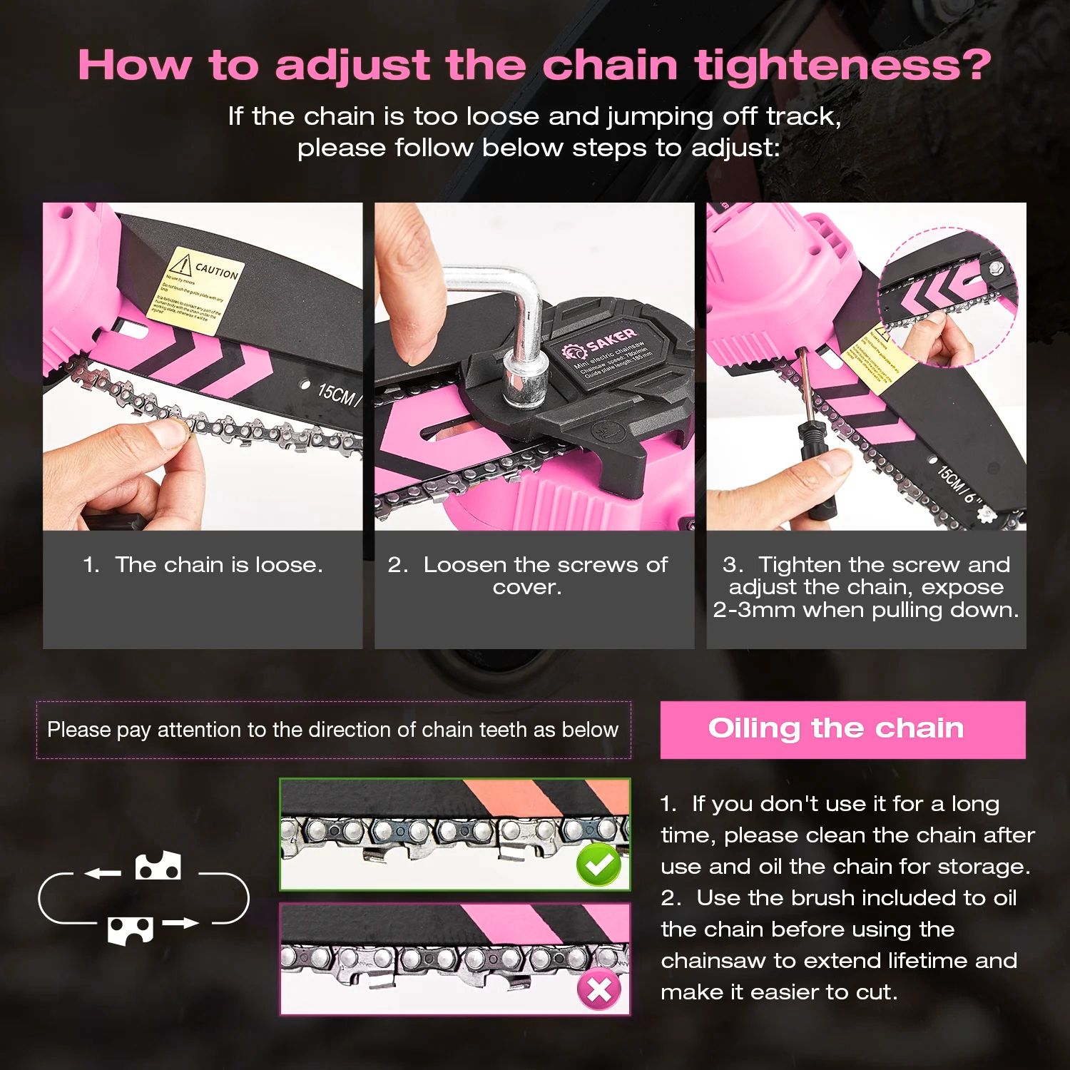 Saker Mini Chainsaw, 6-Inch Electric, Rechargeable, Cordless, Powered by 2x 22V 1500mAh Batteries, Includes 2 Chains, for Women & Elderly, Pink