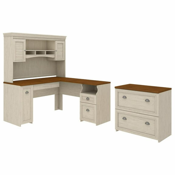 Fairview L Desk with Hutch and File Cabinet in Antique White - Engineered Wood