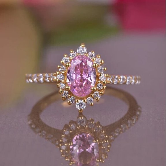 Gems Jewels 2.70 Ctw Oval Cut Pink Sapphire & Diamond Wedding Anniversary Engagement Halo Ring 14K Yellow Gold Plated 925 Sterling Silver 925 Sterling Silver -5.5