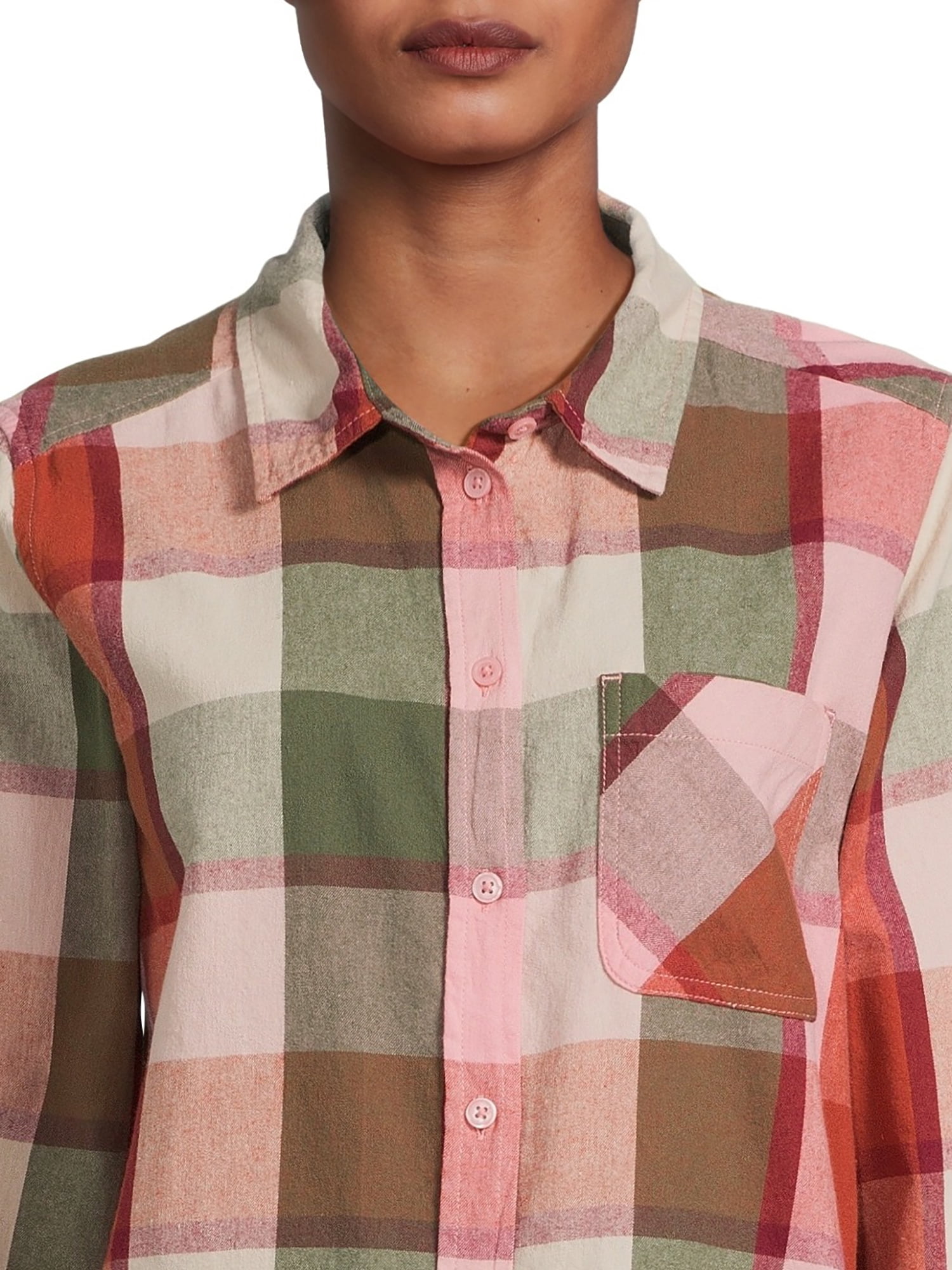 Time and Tru Women's Button Down Flannel Shirt with Long Sleeves, Sizes XS-3XL