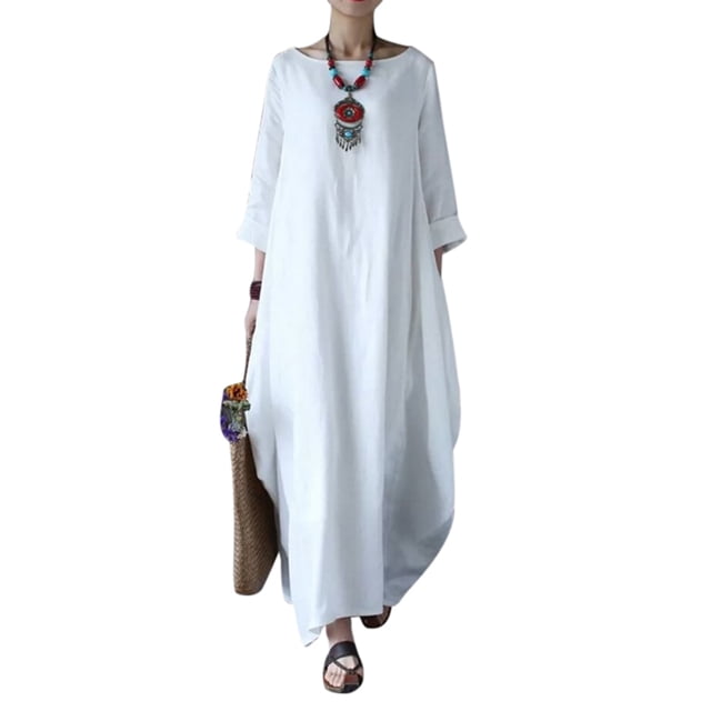 Bellella Robes Maxi pour Femmes Poches Robe d'Été Manches Longues Tunique Robe Aguichant Couleur Unie Plage Blanc G