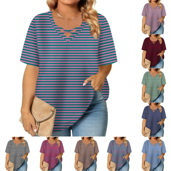 Women's Plus Size Cross V Neck Short Sleeve Shirts Summer Trendy Loose Fit Tunic Tops Dressy Casual Striped Print Blouse