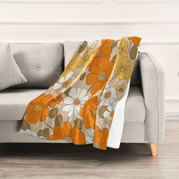 Orange Yellow White Floral Throw Blanket 60" x 90" Soft and Warm Blankets for Couch Sofa and Bed