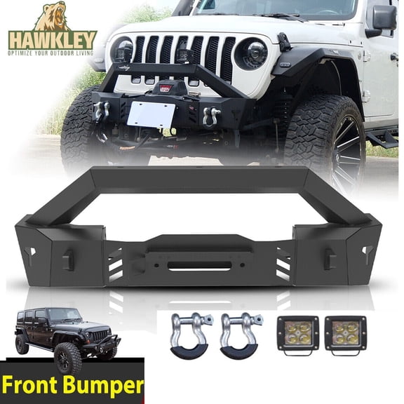 HAWKELY For 2007-2018 Jeep WRANGLER JK,2018-2026 JEEP WRANGLER JL,2019-2026 JEEP GLADIATOR JT Front Bumper Steel & 2 D-Rings w/ LED Light