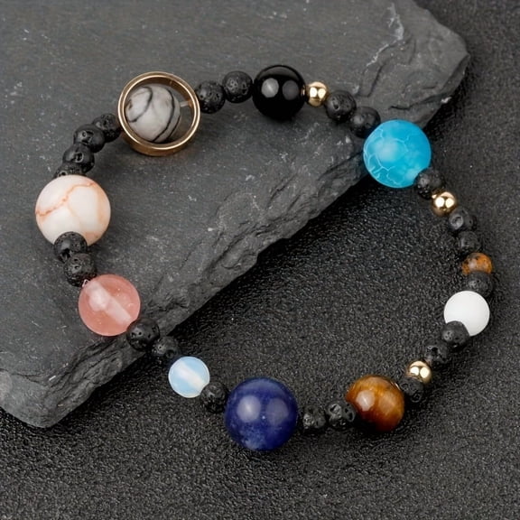 1pc Vintage Solar System Design Elastic Stone Bracelet, Zodiac Planet Guardian Beaded Stretch Jewelry, (Stone Color Random) Great Gift for All Occasions, Main Material Is Gemstone, No Power Required