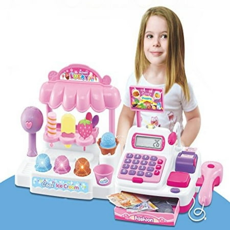 Ice Cream Store Cash Register with Pretend Play Desserts, Working Scanner, Calculator, Microphone, Money and Credit