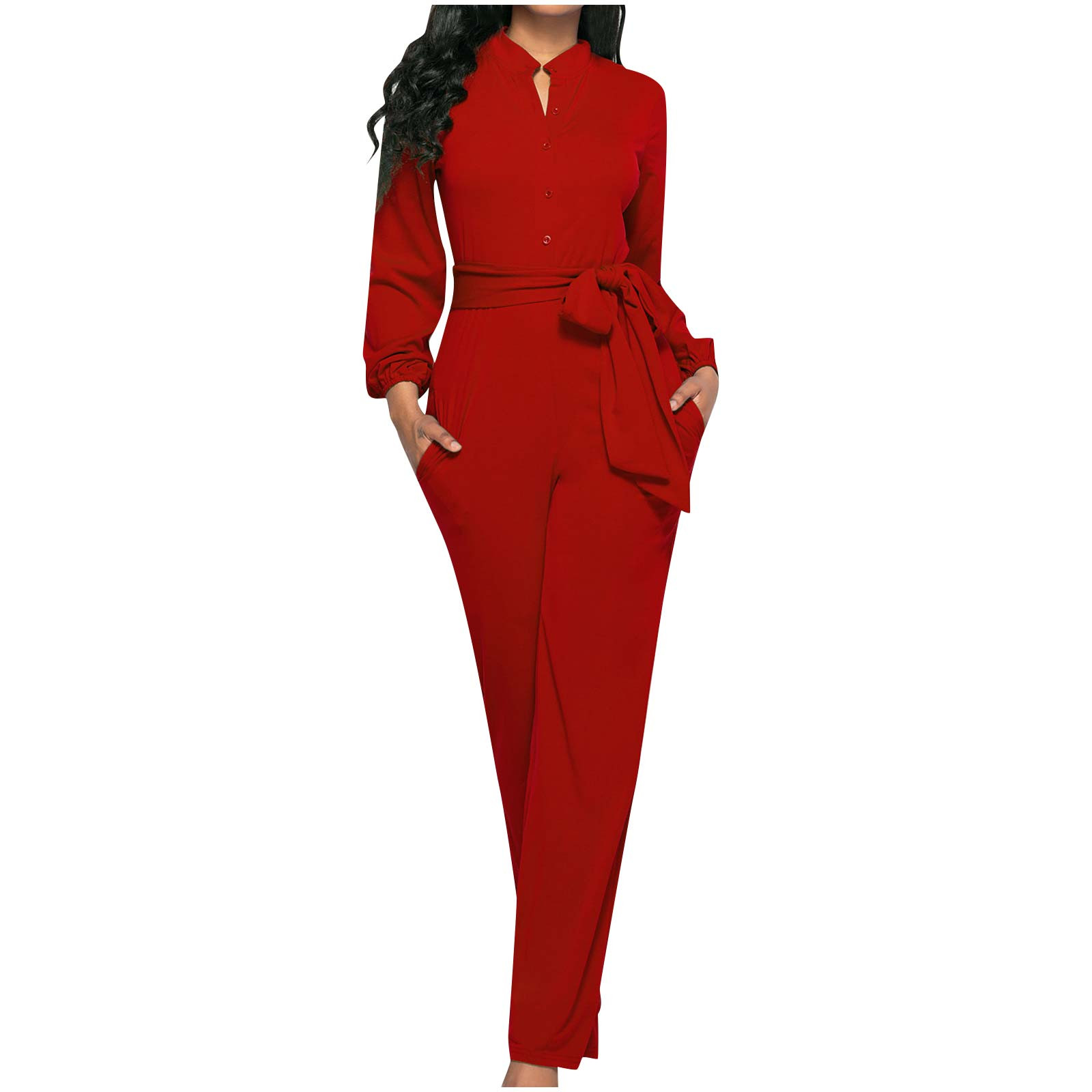 Fatuov Long Sleeve Jumpsuit for Women Pocket Button Collar Lace-up ...