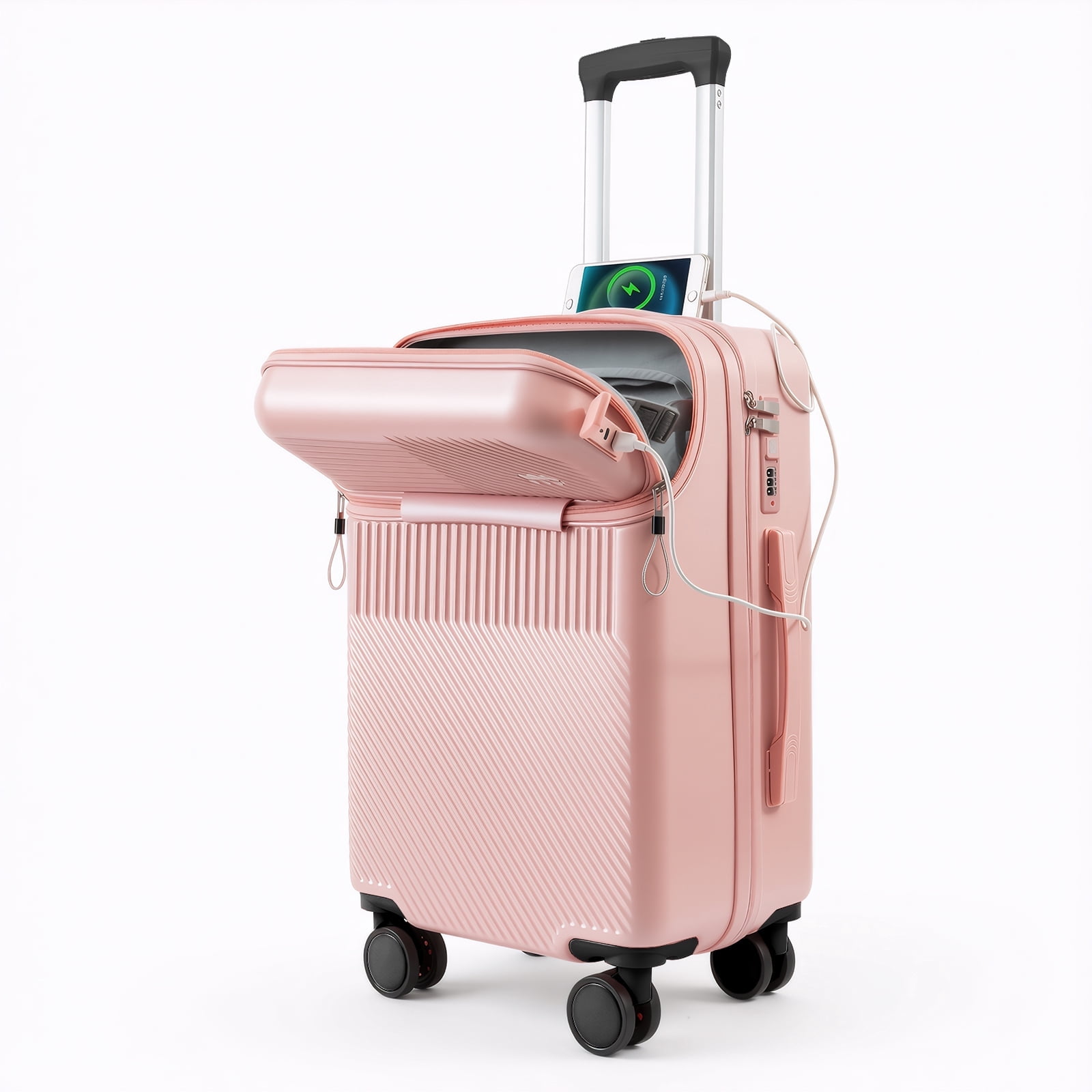 20-Inch Hardshell Carry-On Luggage with Front Open, TSA Lock, USB Port, Spinner Wheels-Pink
