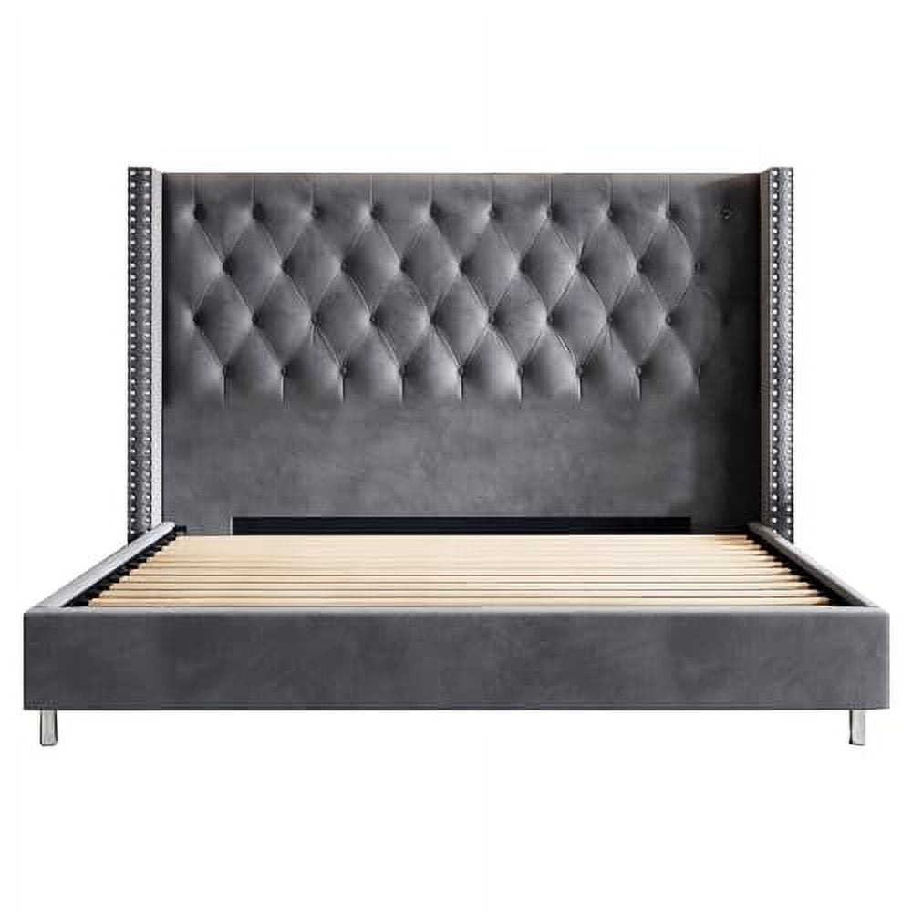VanAcc Queen Upholstered Platform Bed Frame with Button Tufted Wingback Headboard, Velvet,Grey