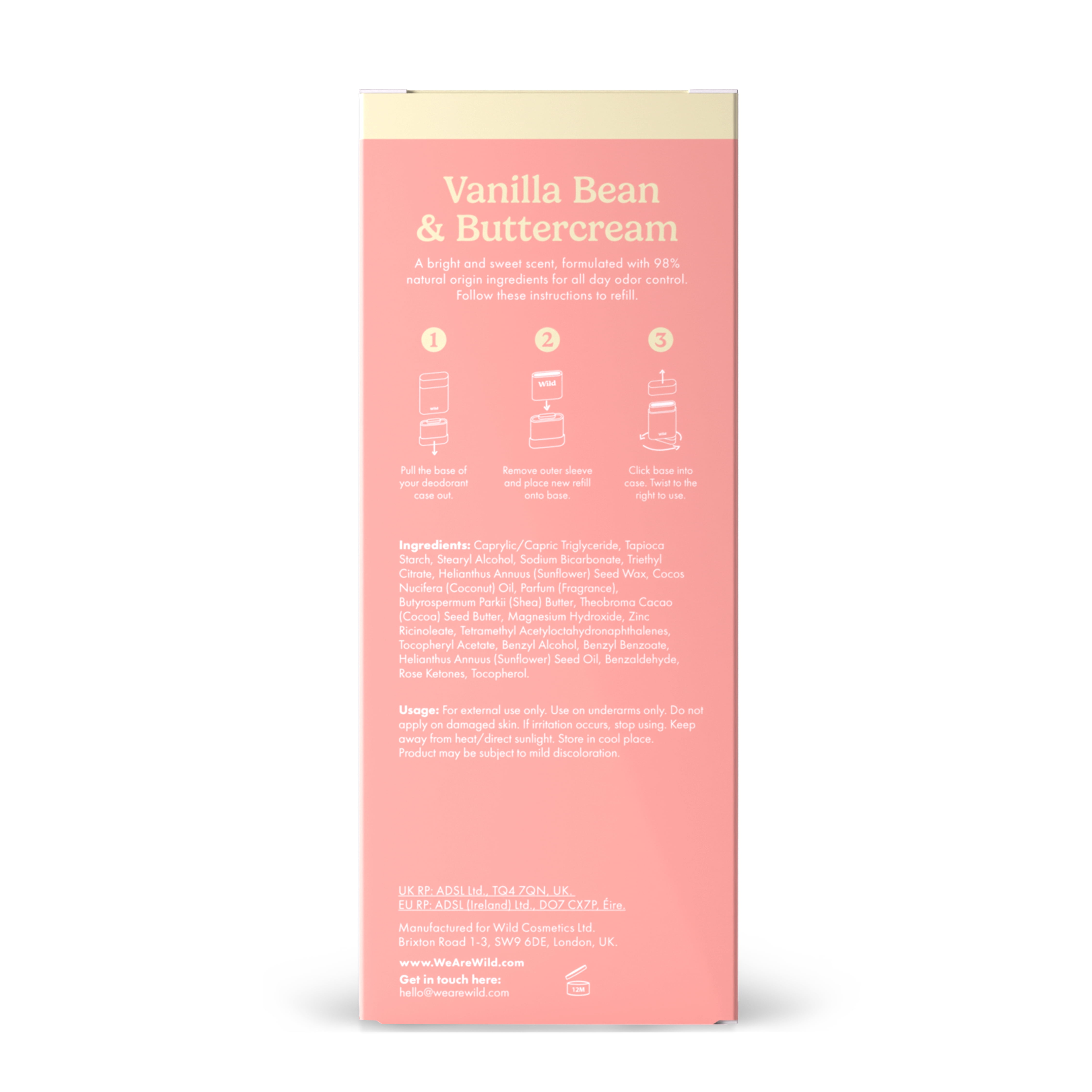 Wild Refillable Deodorant Starter Pack - Aluminum Free. Bow Case + Vanilla Bean & Buttercream Refill, for Women and Men, 1.4oz