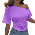 thumbnail image 5 of Rggeeun Women Tee Shirts Solid Color One Shoulder Short Sleeve Shirred Slim Fit Lightweight for Summer Outdoor Picnics Leisure Tees,Purple,L, 5 of 5