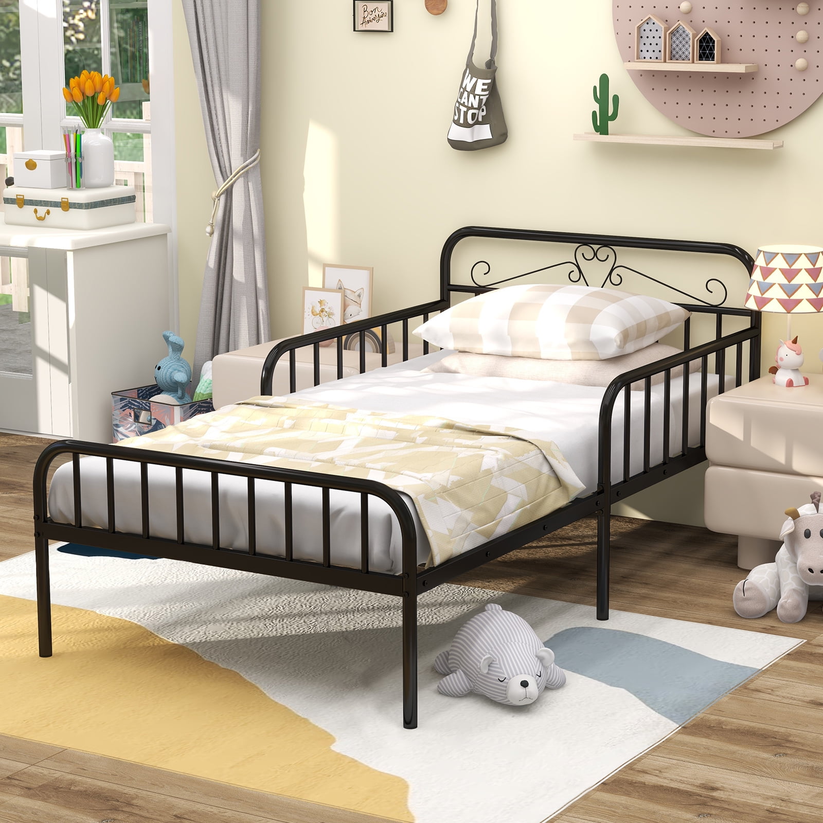 Infans Twin Size Metal Bed Frame Modern Platform Bed with Safety Guardrails Headboard