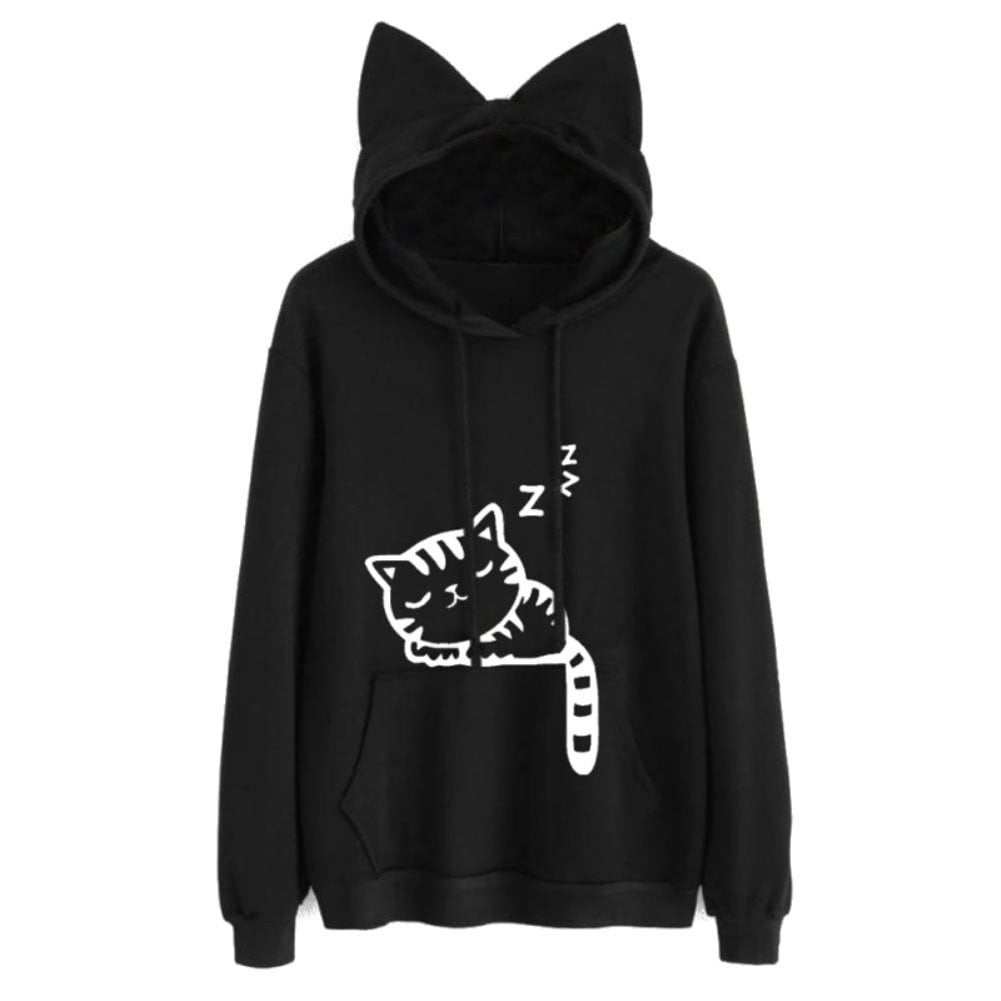 Hoodie Sweatshirt Cute Cat Ear Sleeping Cat Printed Pullover Sweatshirt