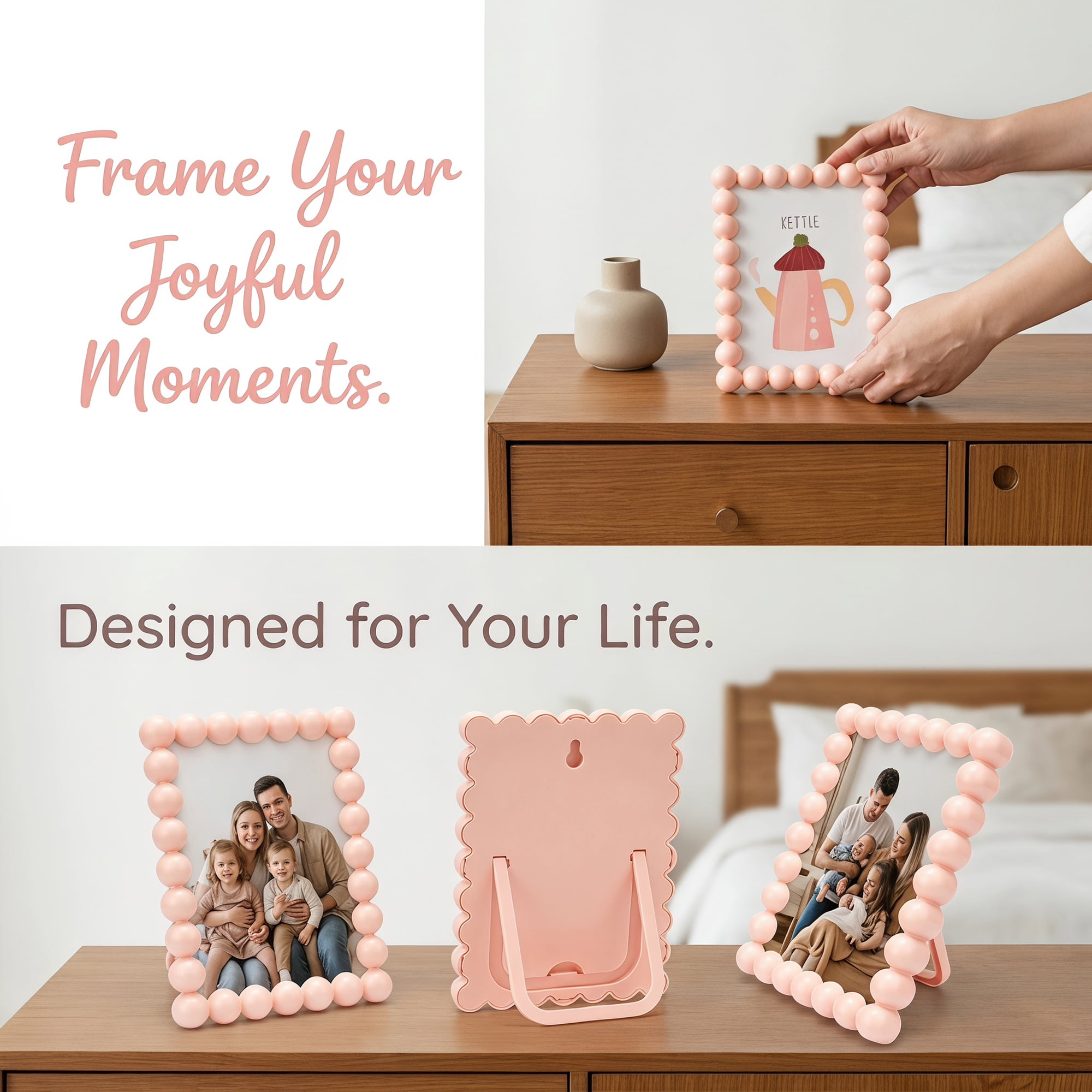 Unique Bargains Beaded Resin Picture Frame with Glass Elegant Pearl Border Pink 4" x 6"