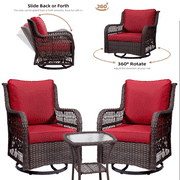 EastVita Casual seating chair Set of 3 Pieces 360° Swivel Rocking Chair Elegant Wicker Patio Bistro Set with Tempered Glass Top Side Table Red