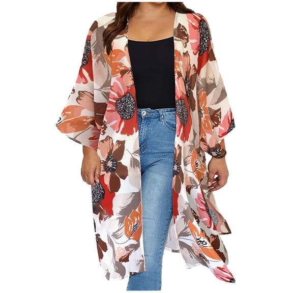 Black and Friday Deals 2023 Womens Clothes Clearance asdoklhq Womens Plus Size Tops,Women's Floral Print Puff Sleeve Kimono Cardigan Loose Chiffon Cover Up Casual Blouse Tops