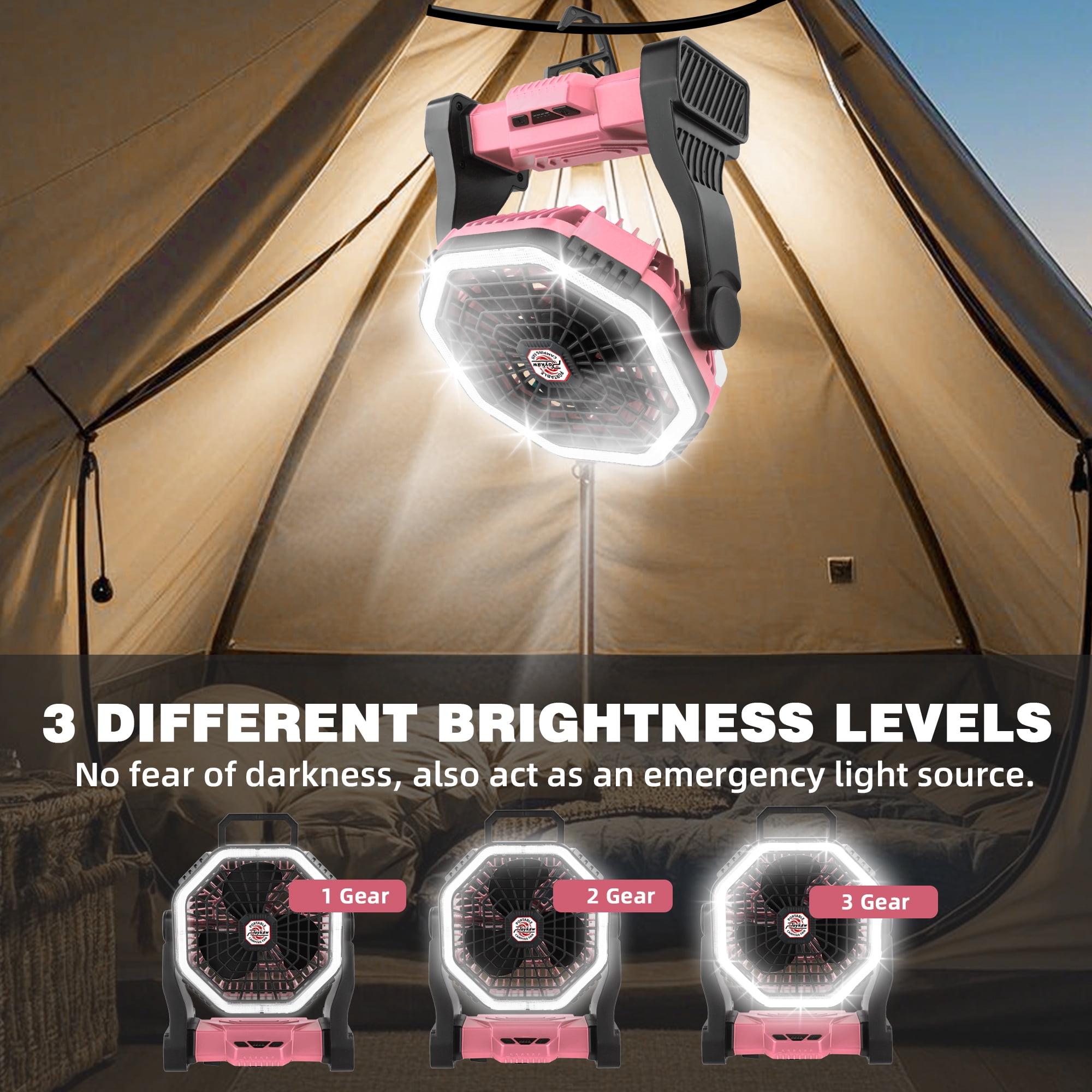 Roykaw Portable Fan for Travel, 10400 mAH Rechargeable Camping Fan, Cordless Battery Powered Fan with Led Light, Battery Fan with Handle, Hang Hook for Tent, Fishing, Hurricane Fan for Bedroom, Pink