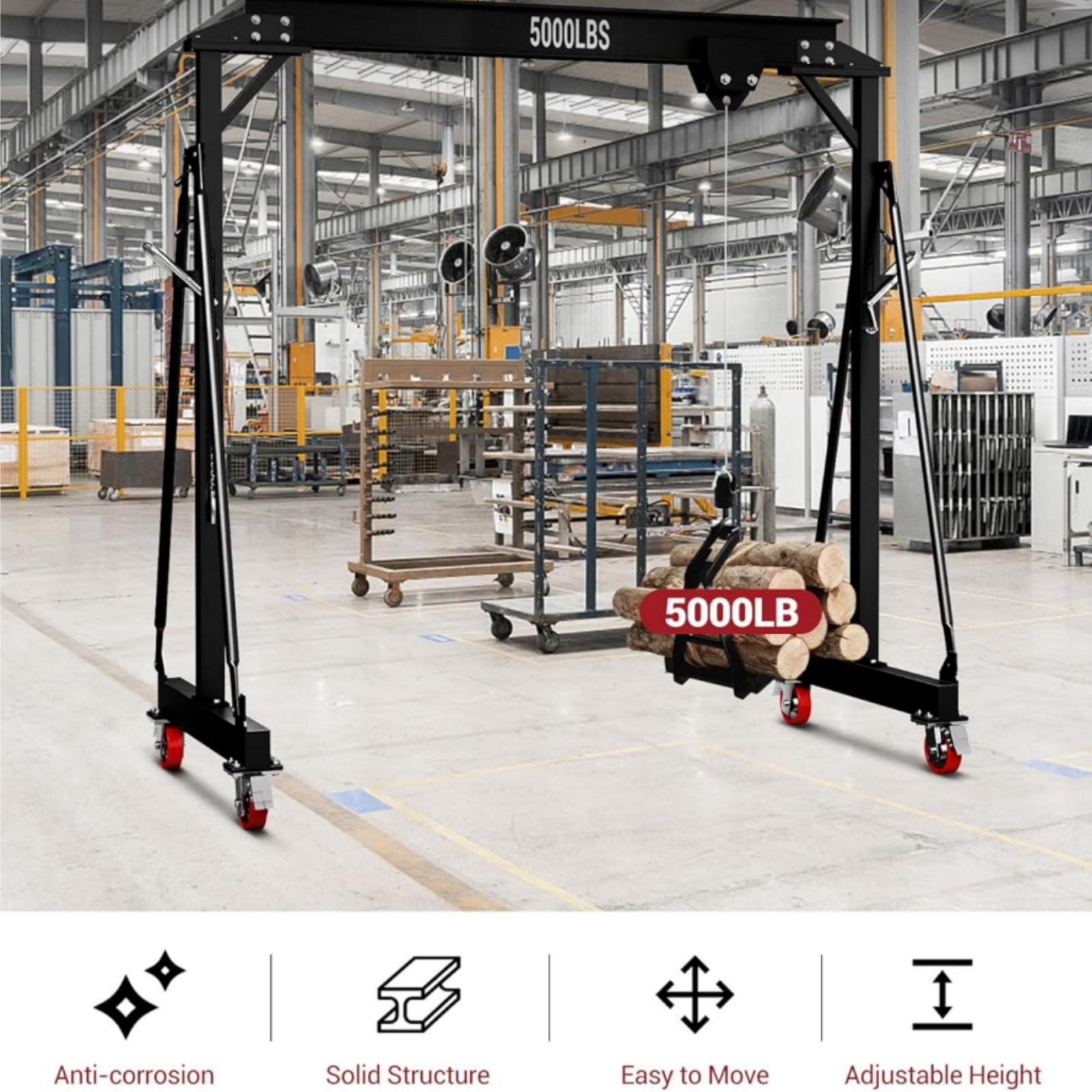 Rvchic 2 Ton Capacity Adjustable Gantry Crane, Portable Shop Lift Hoist Rated 5000 LB with Locking Wheels,8.53-12.47ft Adjustable Height for Warehouse