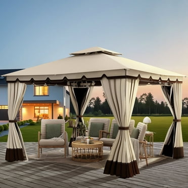 Dextrus 10' x 12' Outdoor Gazebo for Patios, Double Roof Softtop Canopy Gazebo with Mosquito Netting and Curtains, Soft Fabric Top Garden Winds Tent for Lawn, Garden, Backyard and Deck (Khaki)