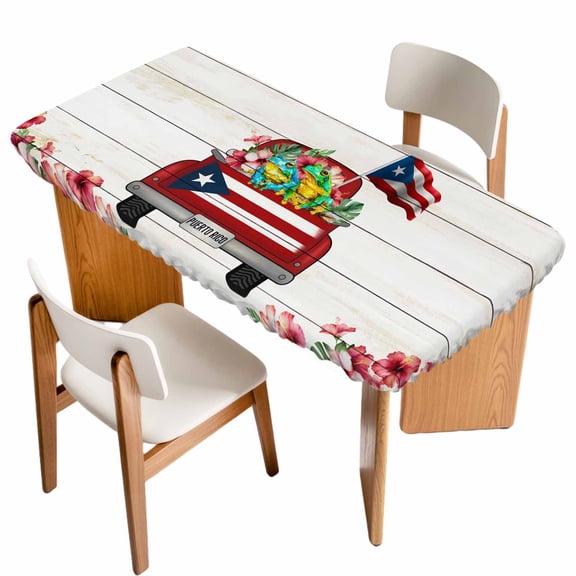 Puerto Rican Flag Table Cloths for 5 Foot Rectangle Tables, Vintage Country Truck Flowers Wooden Grain Patio Waterproof Elastic Fitted Tablecloths, Washable Rectangular Table Cover for Camping
