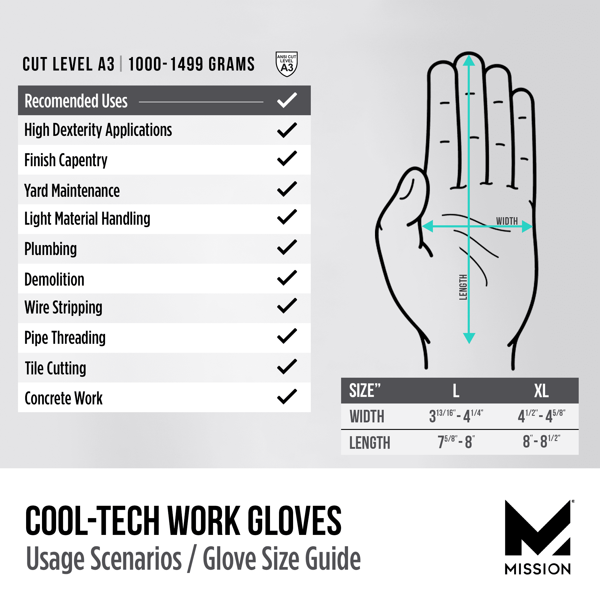 MISSION Cool Tech Work Gloves ANSI & EN Cut Level 3, Nitrile Palm, Washable, Size XL