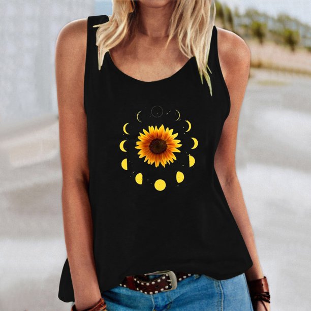 ICHUANYI Clearance Women's Casual Crewneck Sunflower Print Camisole(Black, XL) ICHUANYI WER2023081505035