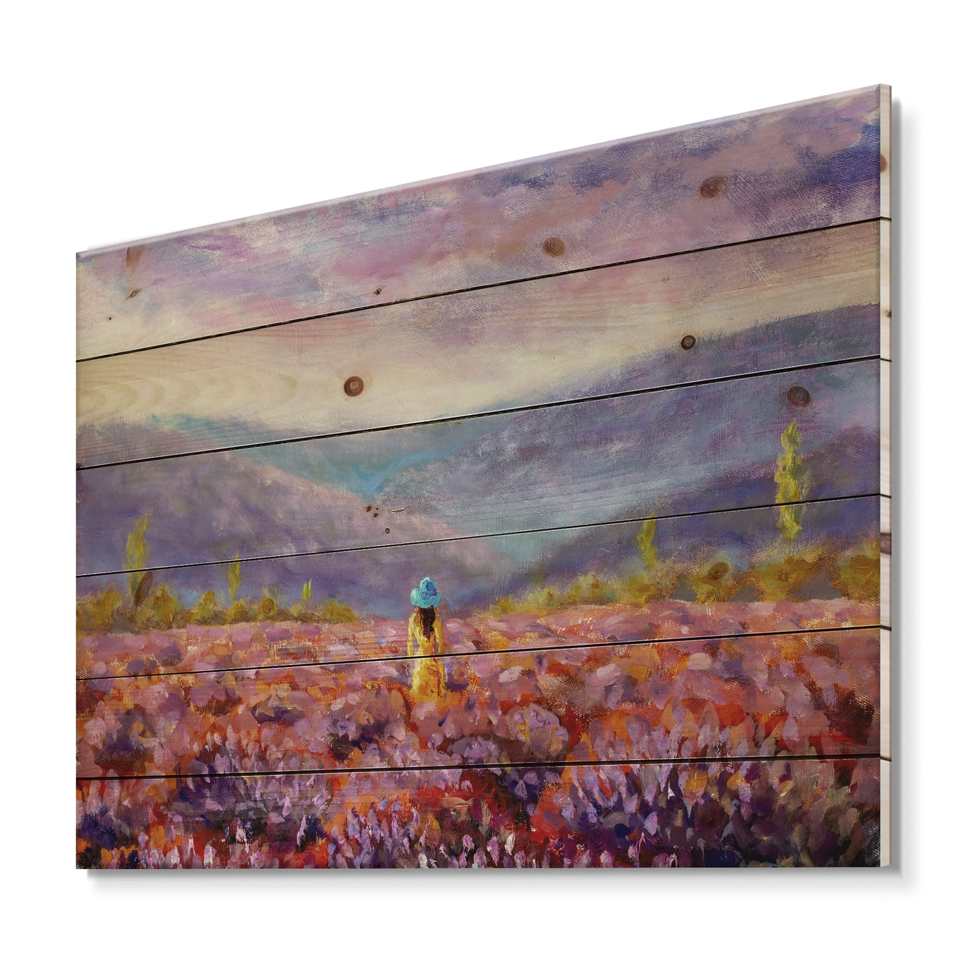 Designart 'Girl In Yellow Dress & Hat Walking Through Fields' Traditional Print on Natural Pine Wood