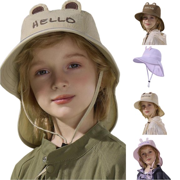 Oiyii Breathable Bucket Hats for Toddler Boy Bear‑Ear‑Embroidered Sun Hats, Khaki