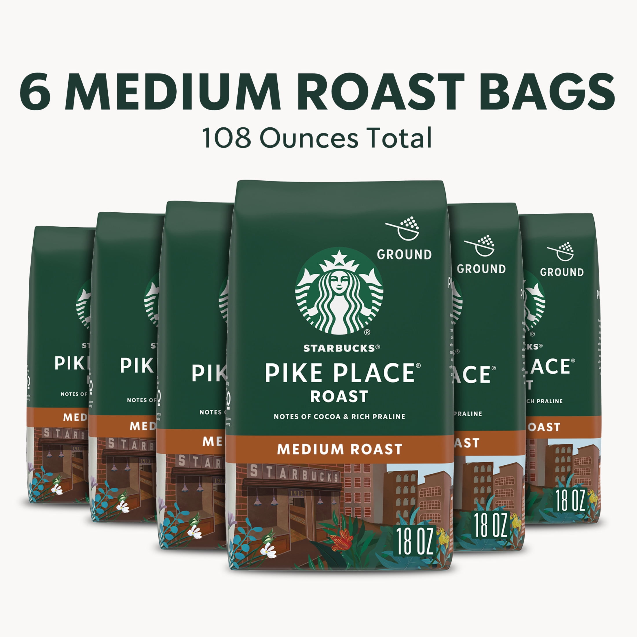 (6 pack) Starbucks Pike Place Roast, Ground Coffee, Medium Roast Hot or Iced Coffee, 18 oz (6 Bags)