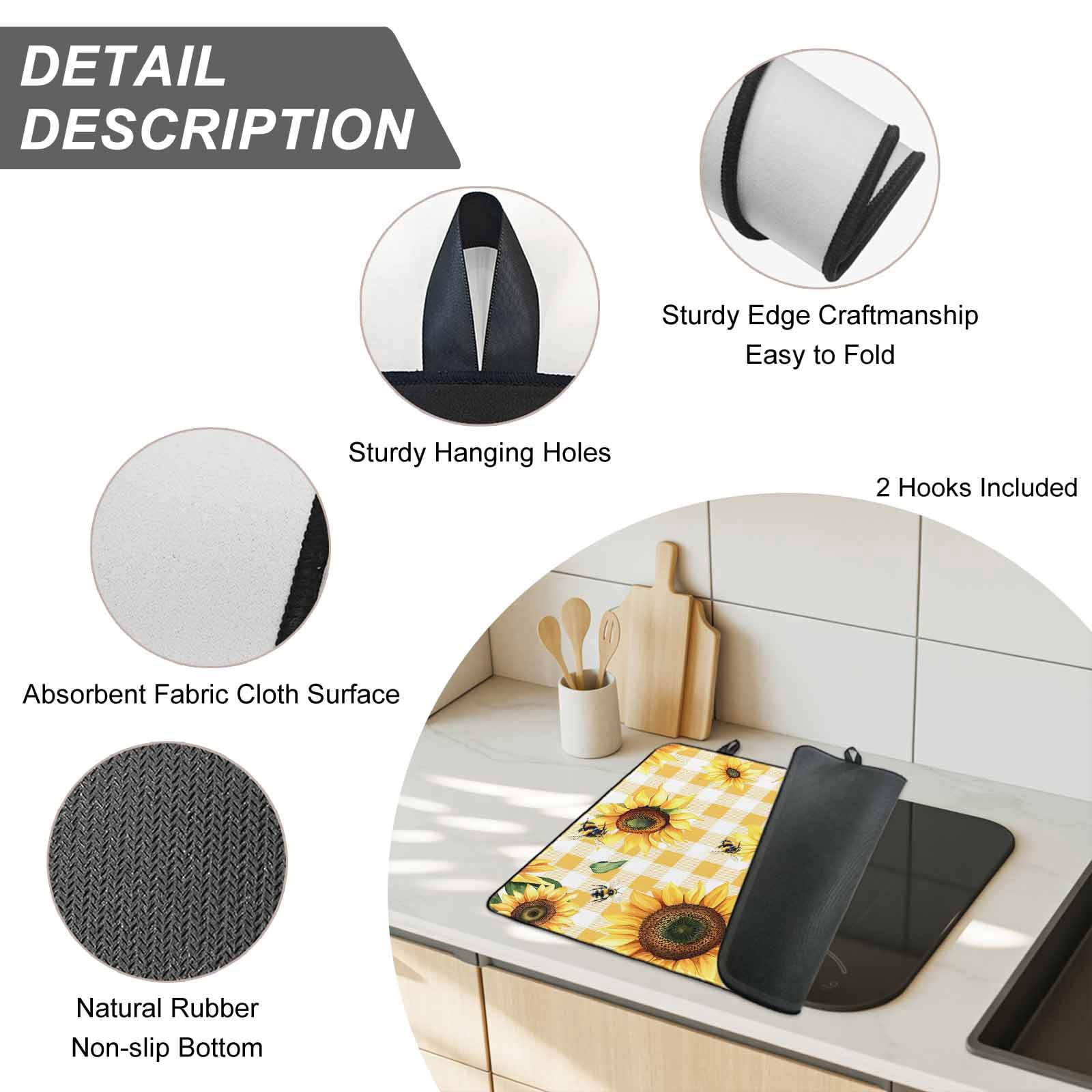 Yellow Sunflower Stove Top Cover for Electric Stove, Heat-proof & Non Slip Glass Top Stove Cover Protector, Vintage Country Bee Plaid Ginger Check Kitchen Flat Cooktop Rubber Mat 31x24 Inches