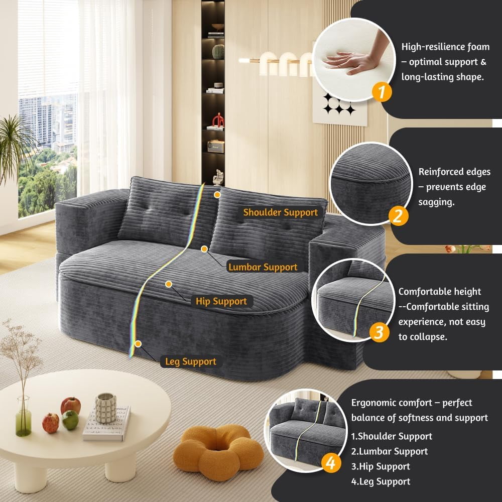 78.7'' Folding Sofa Bed Queen Sleeper Sofa, 2-in-1 Convertible Corduroy Boneless Couch with Blanket, Modern Futon Loveseat Couches for Living Room, Guest Bed, No Assembly Couch, Dark Grey