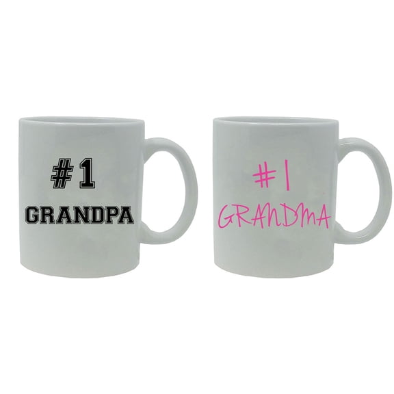 #1 Grandpa and #1 Grandma 11-Ounce White Ceramic Coffee Mugs Set, White/White