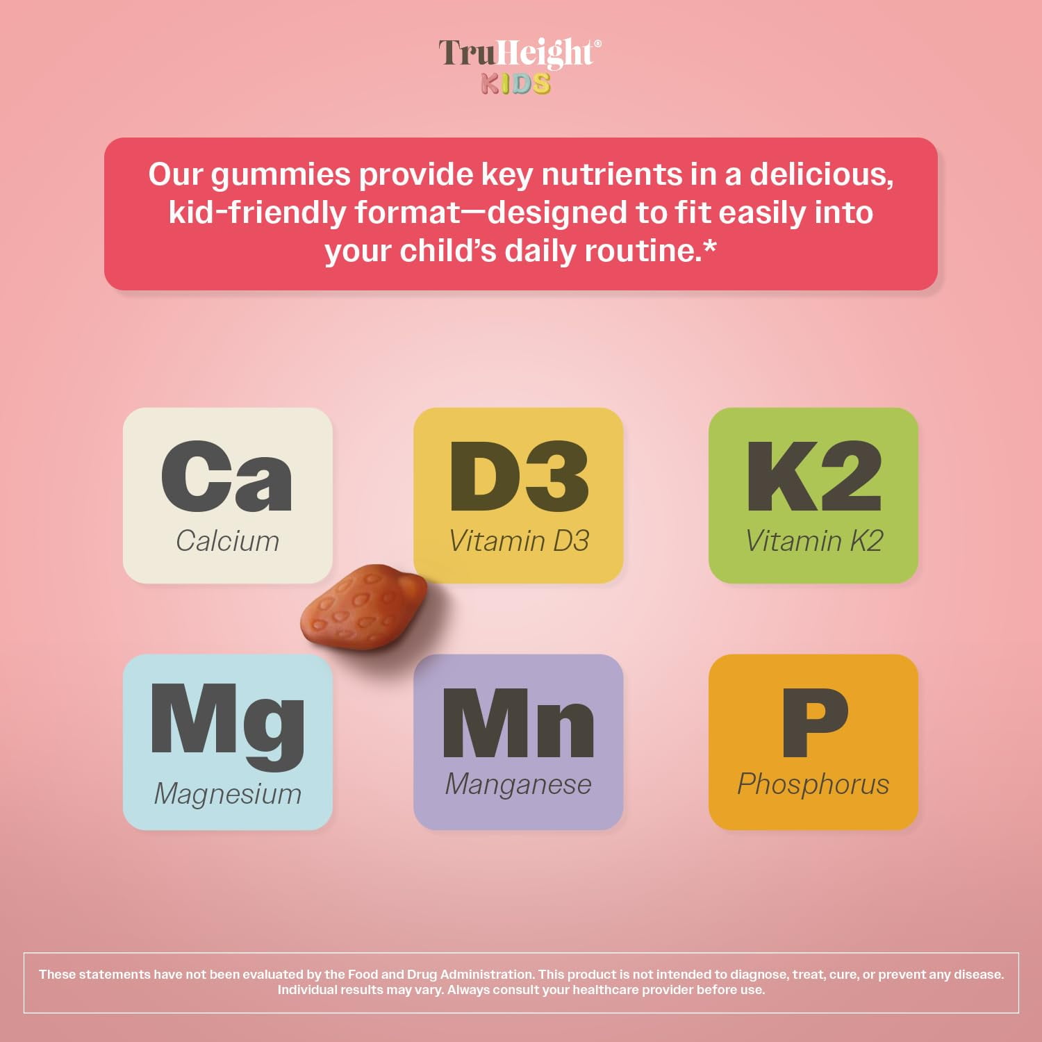 TruHeight Kids Bone Growth Gummies (Strawberry, Ages 2+) All Natural Kids & Toddler Vitamins - Vitamin D, Calcium, K2, Magnesium Multivitamin, Natural Growth & Development, Builds Strong Bones, Vegan