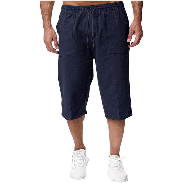 Aqestyerly Men's Quarter Pants Linen Drawstring Solid Color Pocket Casual Loose Lightweight Summer Bottoms