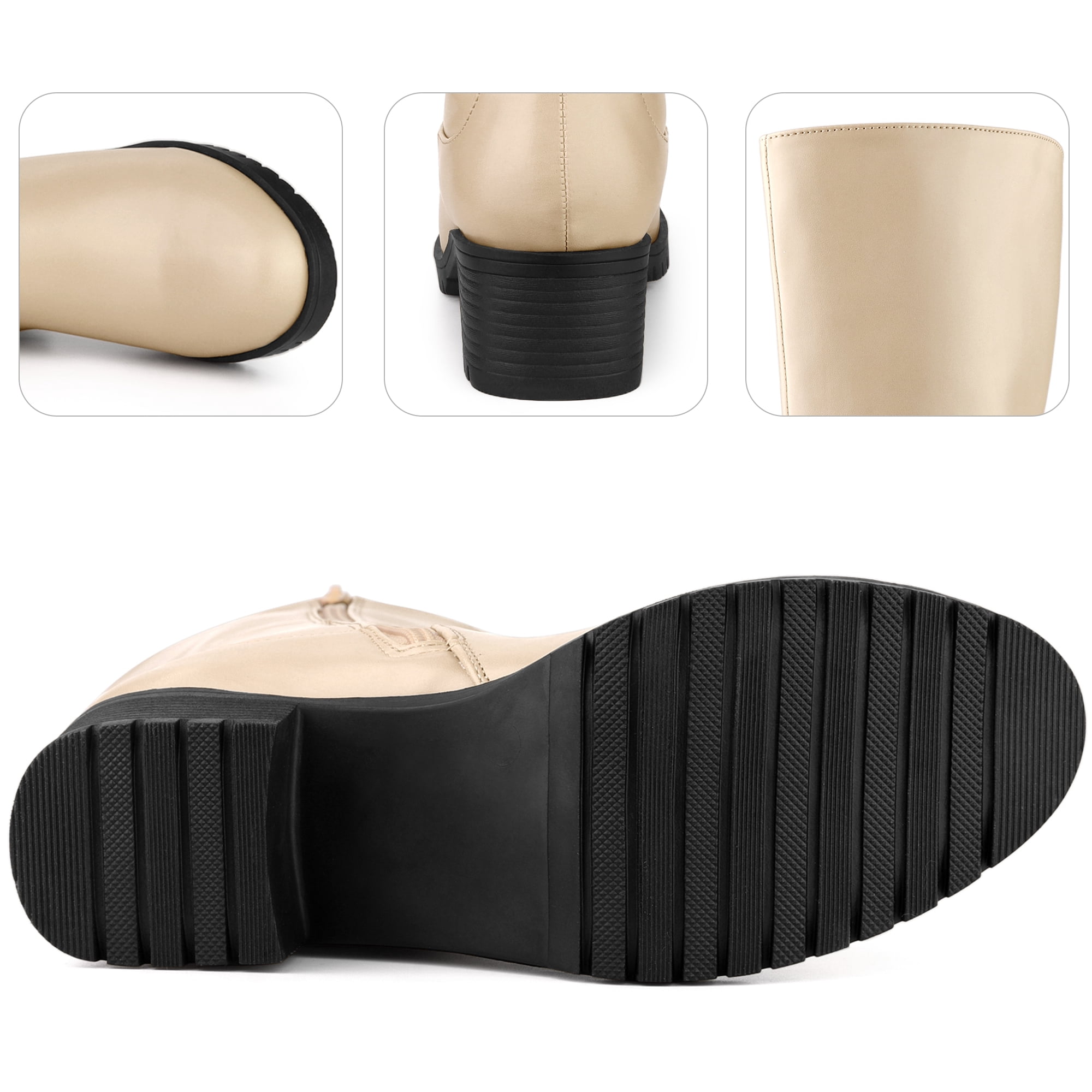 Unique Bargains Round Toe Side Zip Low Chunky Heels Mid Calf Boots for Women Beige 9