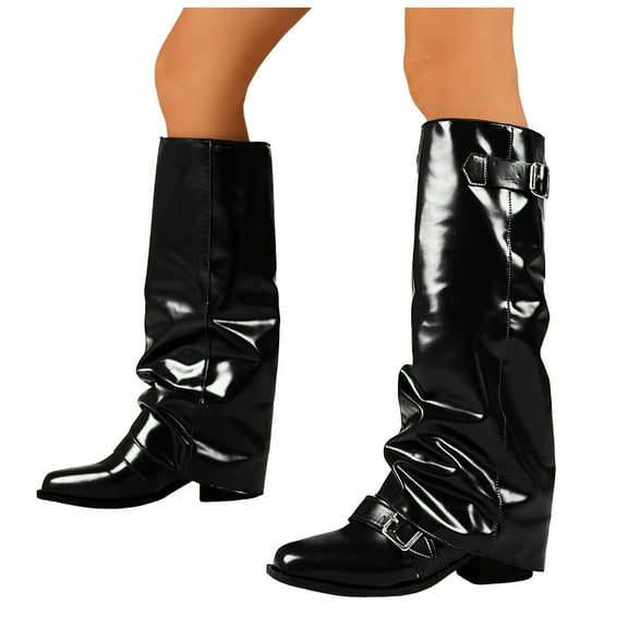 Knee High Fold over Boots for Women 2025 Fashion Slouchy Buckle Leather Pointed Toe Hidden Heeled Wide Calf Tall Boots