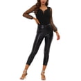 thumbnail image 2 of INSPIRE CHIC Women's Sweetheart Deep V Neck Dots Mesh Sheer Panel Long Sleeve Top Black XS, 2 of 5