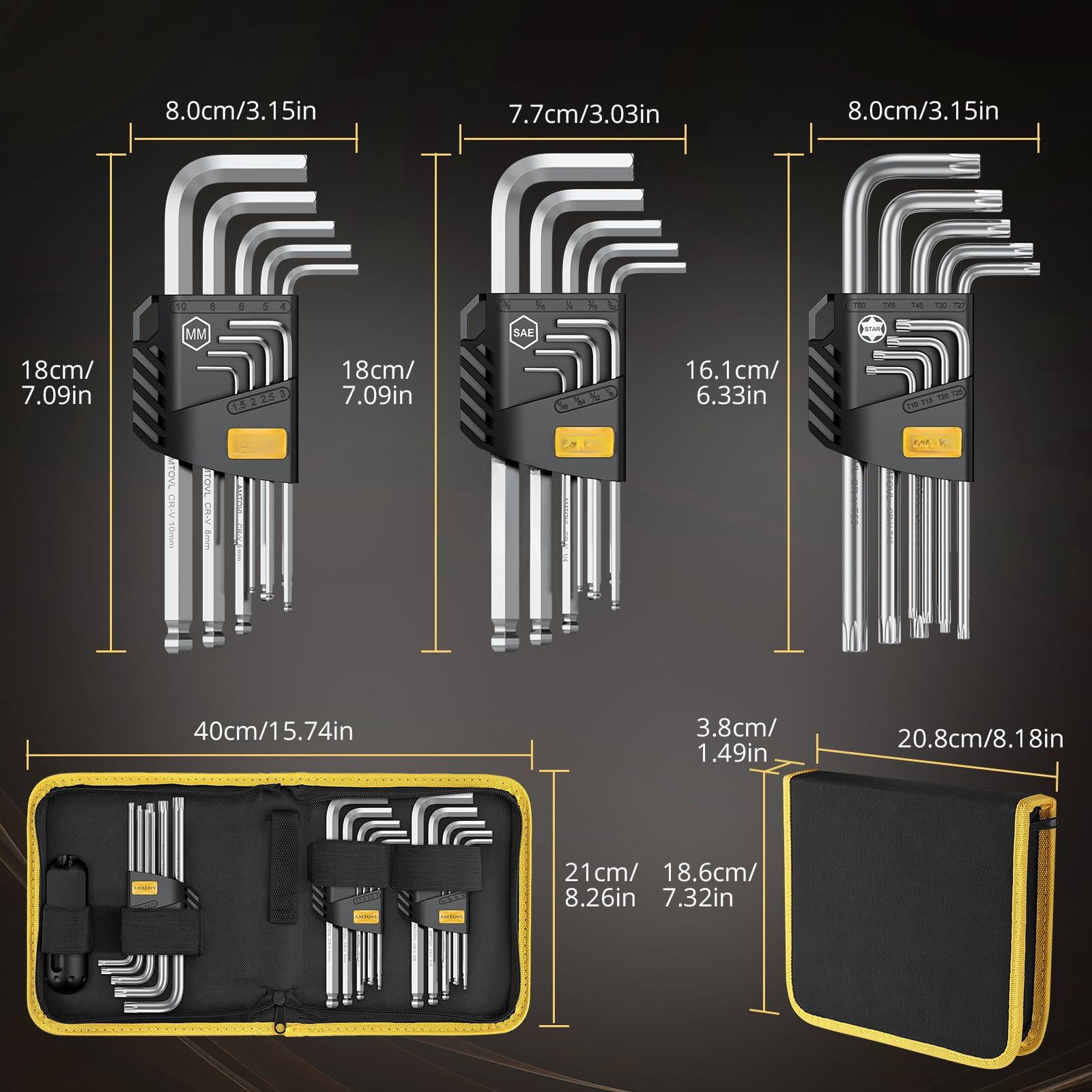 27pcs Allen Key Set - Metric & Sae Wrench  Extra Long Ball Star End Hex Keys With T-handle Color Coding For Bicycle Household Diy (sliver-27pcs Wrenches Sets)