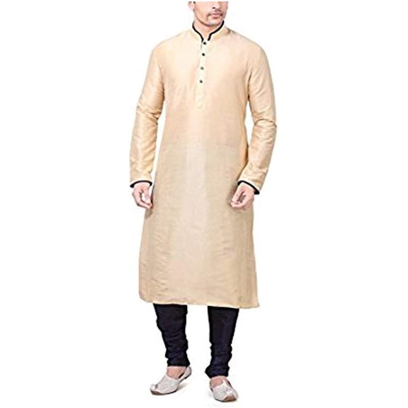 Royal Kurta Men's Dupion Silk Contrast Piping Kurta Churidar Gold