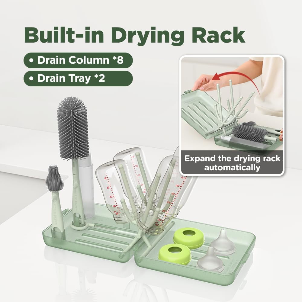 Travel Bottle Brush, Baby Travel Essential Bottle Cleaner Kit with Silicone Bottle Brush, Nipple Cleaner Brush, Straw Brush, Soap Dispenser, Storage Box, Bottle Drying Rack for Home and Travel(Green)