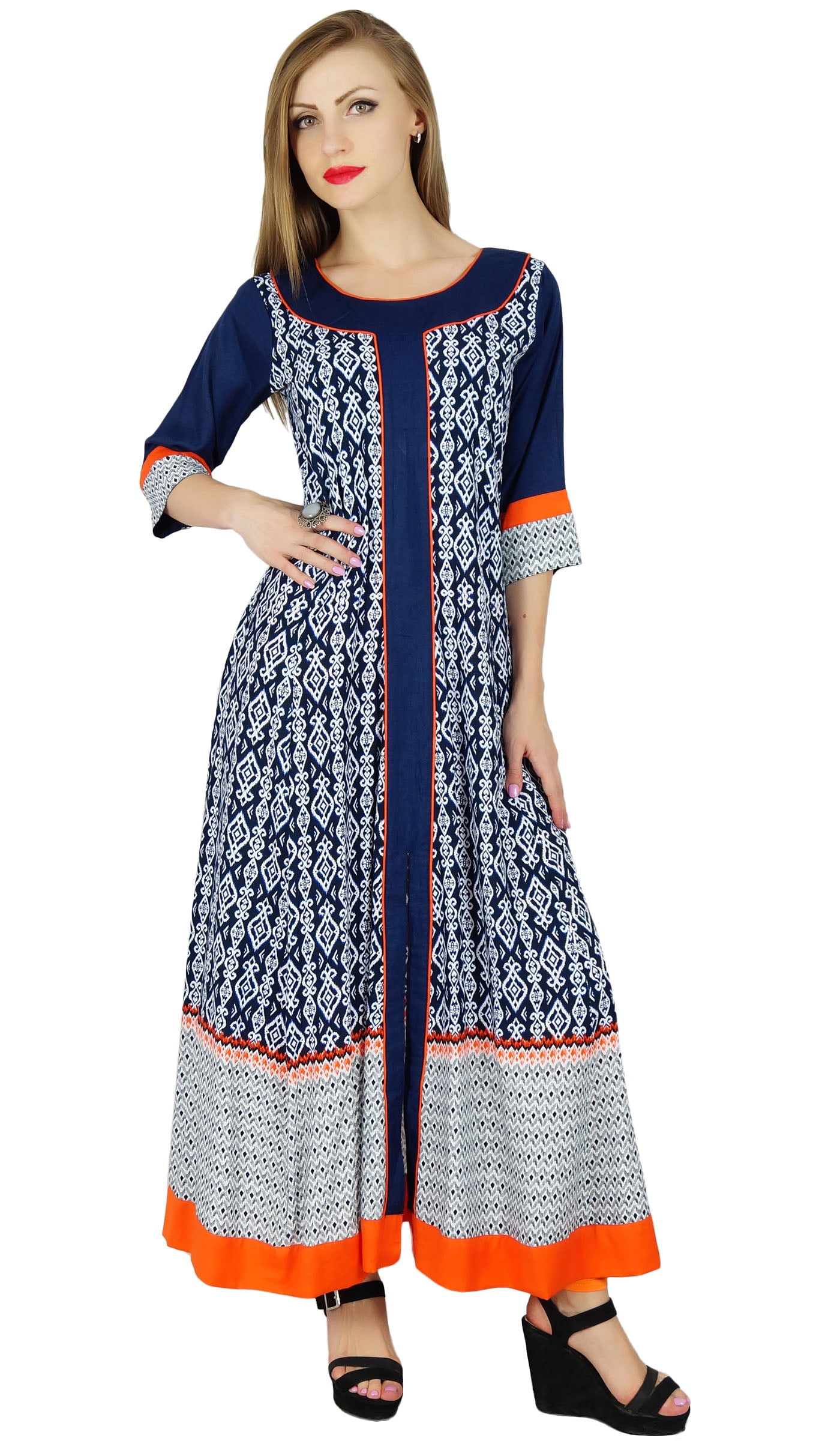 Bimba Women's Blue Anarkali Kurta - Long Rayon Indian Ethnic Kurti, 52" Length
